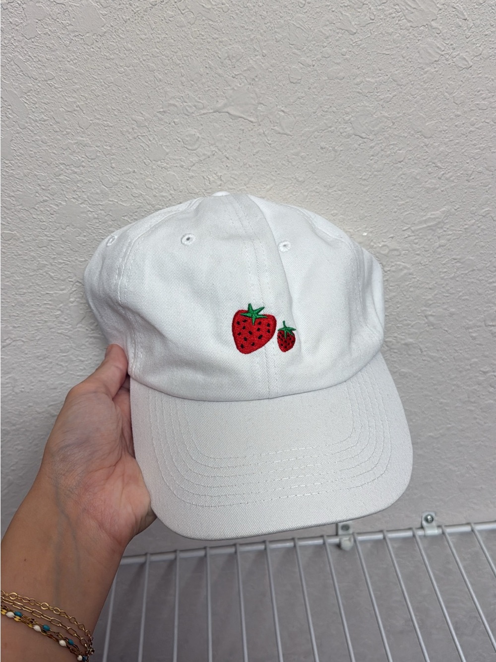 White Baseball Cap with Embroidered Strawberries